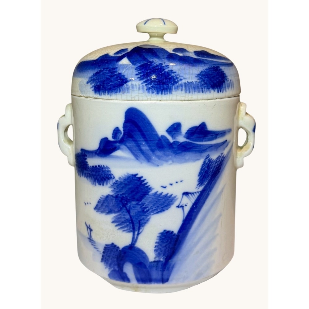Vintage Chinese Blue White Porcelain Double Lidded Tea / Ginger Jar 6''